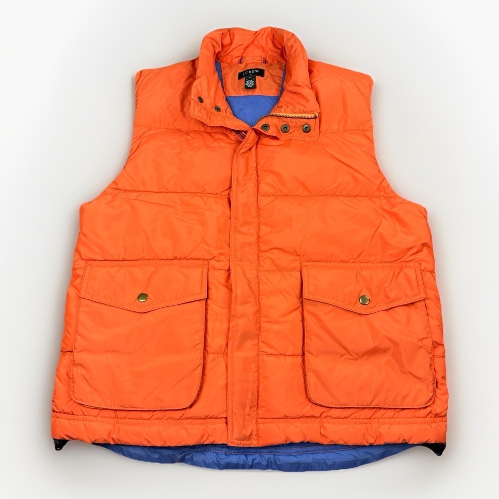 Vintage J Crew Down Puffer Vest Men's Medium Orange Nylon Full Zip Pockets